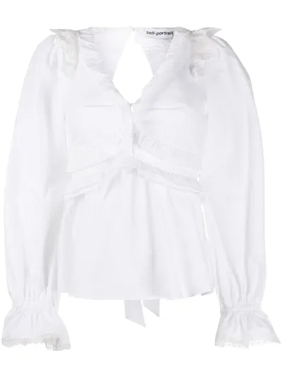 Self-portrait Ruffled V-neck Tie-back Cotton Blouse In White