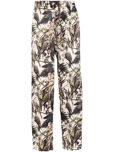 Edward Crutchley Bird Print Silk Trousers In White