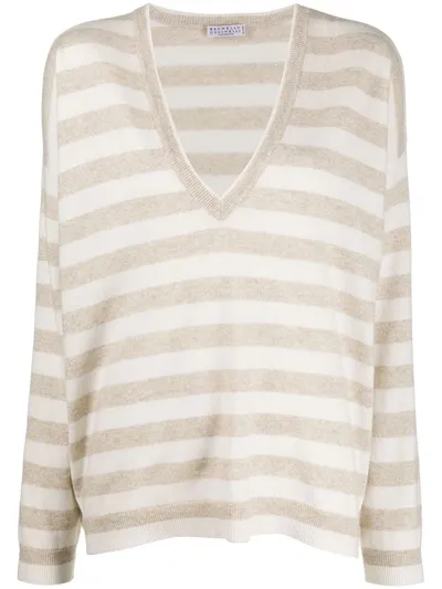 Brunello Cucinelli V-neck Sweater Cashmere And Linen Striped Sweater With Monili In Lessive