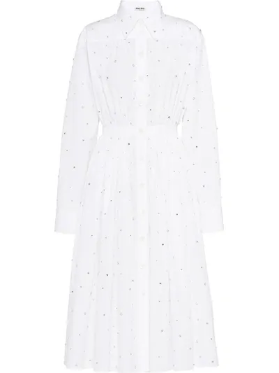 Miu Miu Crystal Embellished Shirt Dress In White