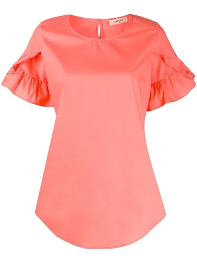 Twinset Ruffle Sleeve Curved Hem Blouse In Orange