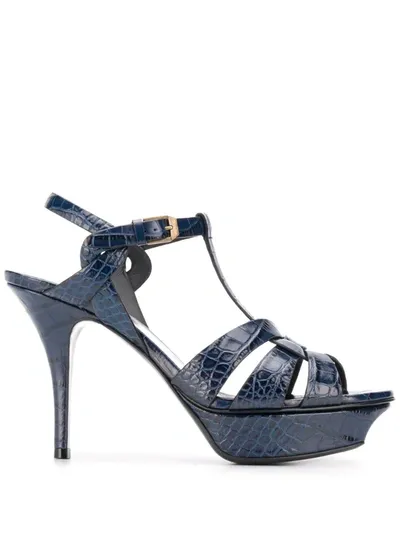 Saint Laurent Tribute Crocodile-embossed Stiletto Sandals In Blue