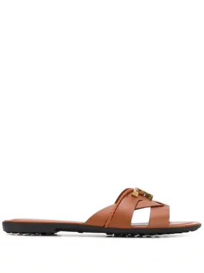 Tod's Logo Plaque Leather Sandals In Brown