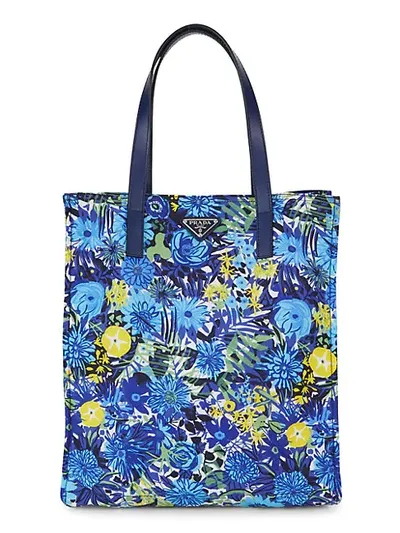 Prada Floral Nylon Tote In Blue Yellow