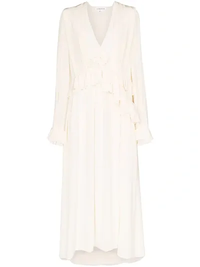 Victoria Beckham Ruffle Silk Midi Dress In White