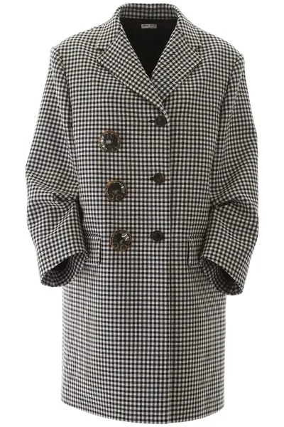 Miu Miu Gingham Checks Midi Coat In Nero (black)