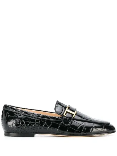 Tod's Crocodile Printed Leather Loafers In Black