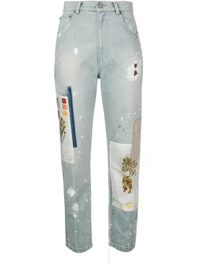 Monse Patchwork & Paint Splatter Slim Straight Leg Jeans In Blue