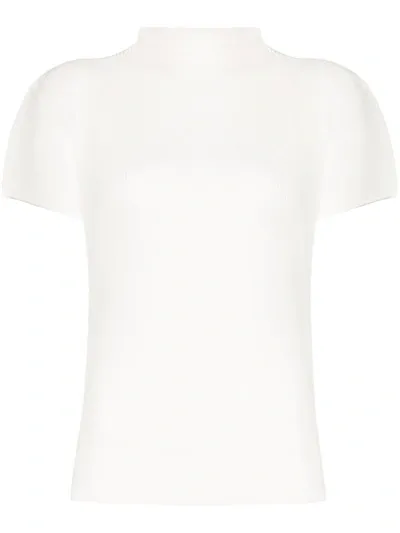 Issey Miyake High Neck Short Sleeve Plissé Top In White