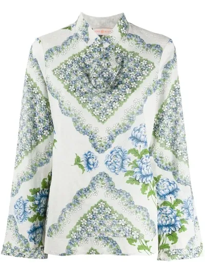 Tory Burch Floral-print Cotton Blouse In Blue