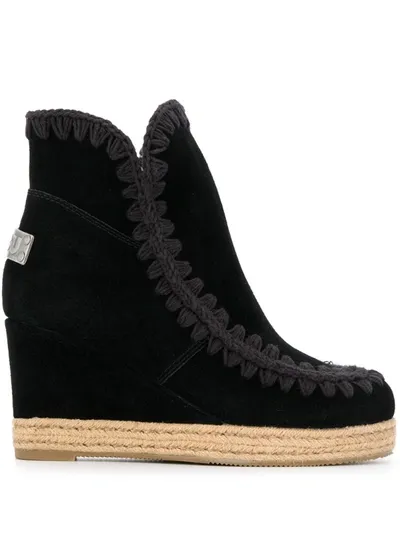 Mou Eskimo Jute Low Heels Ankle Boots In Black Suede