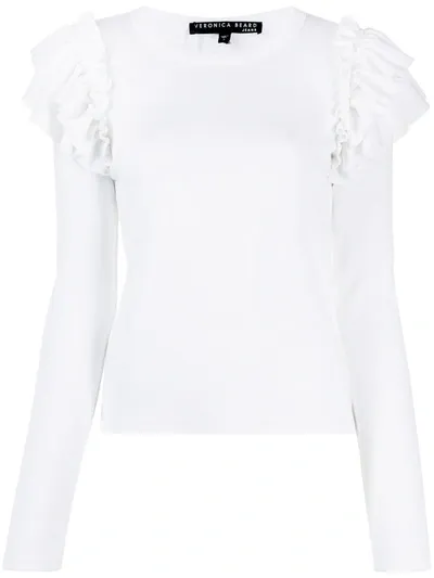 Veronica Beard Segrist White Ruffle-trimmed Stretch-cotton Top