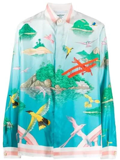 Casablanca Bedroom Landscape Tropical-print Silk Shirt In Blue