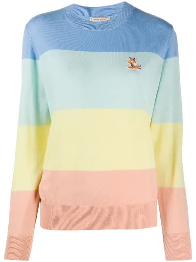 Maison Kitsuné Fox Embroidered Colour Block Jumper In Blue