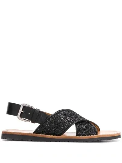 Car Shoe Glittery Slingback Flat Sandals In Black