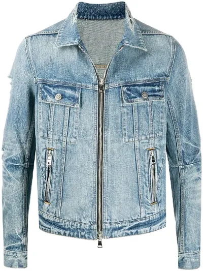 Balmain Logo Print Zipped Denim Jacket In Denim Blue