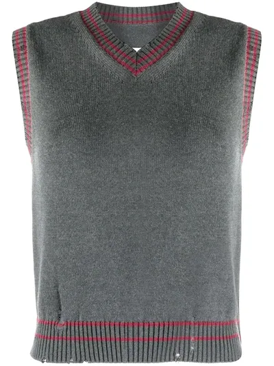 Maison Margiela Distressed V-neck Knitted Vest In Grey