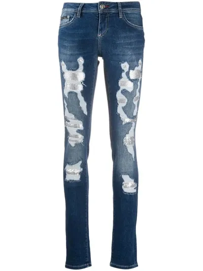 Philipp Plein Embellished Ripped Skinny Jeans In Blue