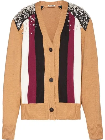 Miu Miu Crystal Embellished Cardigan In Neutrals