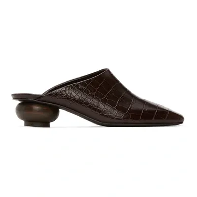 Low Classic Brown 35 Mock Croc Leather Mules In Dark Brown