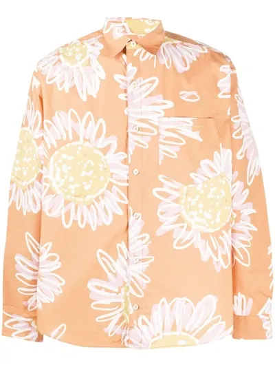 Jacquemus Simon Floral Print Cotton And Linen Blend Shirt In Orange