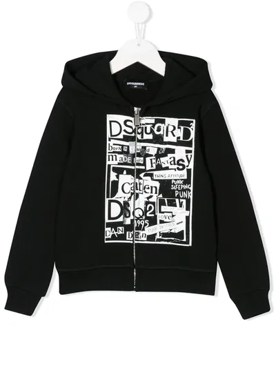 Dsquared2 Teen Logo Print Zipped Hoodie In Black