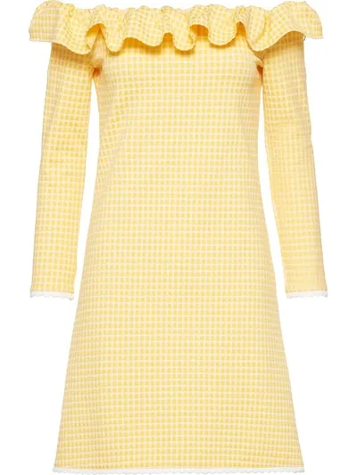 Miu Miu Off-shoulder Checked Dress In Yellow