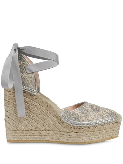 Gucci Metallic Espadrille Wedges In Silver