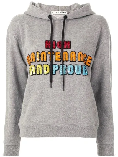 Alice And Olivia 'barron' Sequin Embellished Slogan Hoodie In Grey