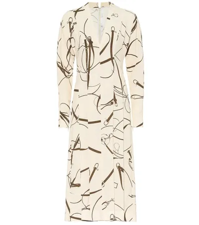 Victoria Beckham Puff Sleeve Horse Bridle Print Pleated Crepe Dress In Neutrals