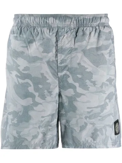 Stone Island Camouflage Print Logo Patch Swim Shorts In Blue