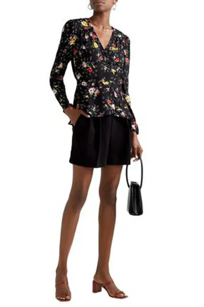 Veronica Beard Kiona Floral-print Silk Crepe De Chine Wrap Blouse In Black