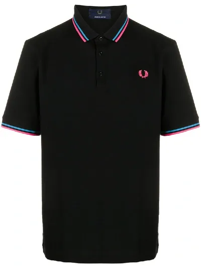 Fred Perry Logo Embroidered Striped Pattern Polo Shirt In Black