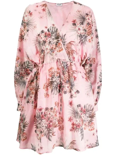 Liu •jo Tropical Floral-print Drawstring Mini Dress In Pink