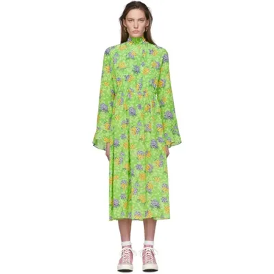 Les Rêveries Ruffle Cuff Floral Silk Long Sleeve Midi Dress In Green