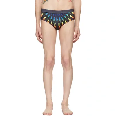 Neil Barrett Rainbow Bolts Printed Nylon Swim Briefs In Black,orange,yellow