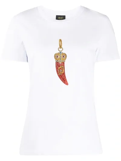 Liu •jo Rhinestone-pendant Short Sleeved T-shirt In White