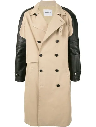 Ambush Contrast-sleeve Trench Coat In Brown