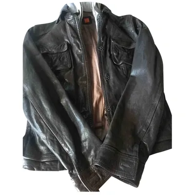 Pre-owned Hugo Boss Leather Biker Jacket In Brown