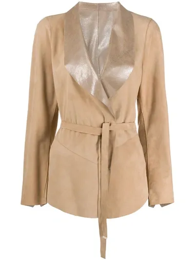 Suprema Shawl Lapels Belted Jacket In Brown