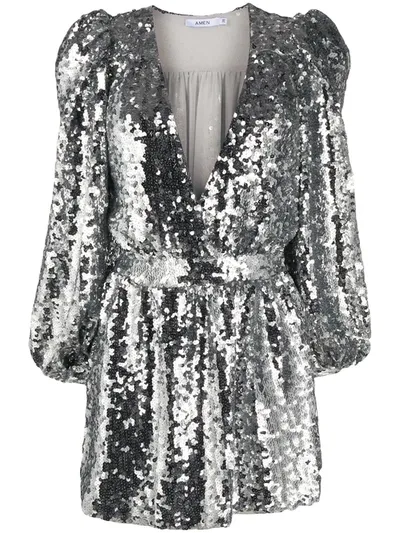 Amen Sequinned V-neck Dress In Silver