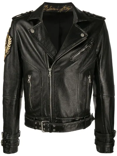 Balmain Logo-patch Biker Jacket In Black