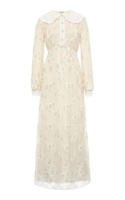 Miu Miu Metallic Lace Maxi Dress In White