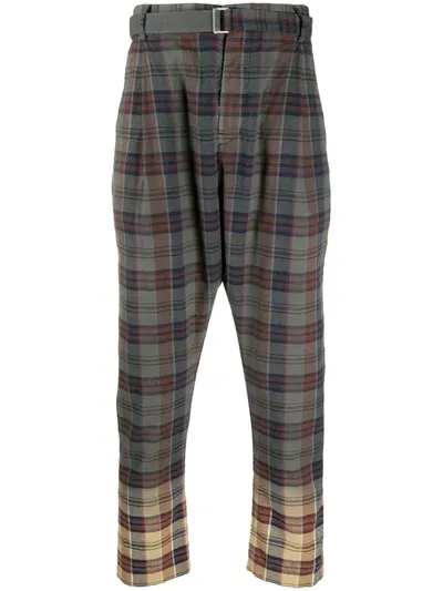 Sacai Faded Cuff Plaid Trousers In Grey ,brown