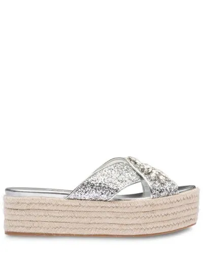 Miu Miu Women's Crystal Embellished Glitter Platform Sandals In Silver