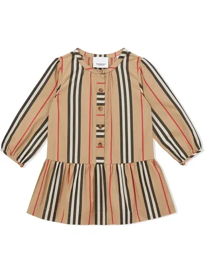 Burberry Icon Stripe Gathered Poplin Dress In Neutrals