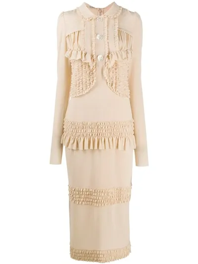 Miu Miu Ruffled Trimming Fitted Dress In Neutrals