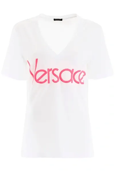 Versace T-shirt With Neon Logo Embroidery In White,fuchsia