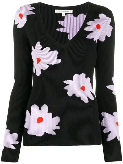 Chinti & Parker Floral Print V-neck Jumper In Black