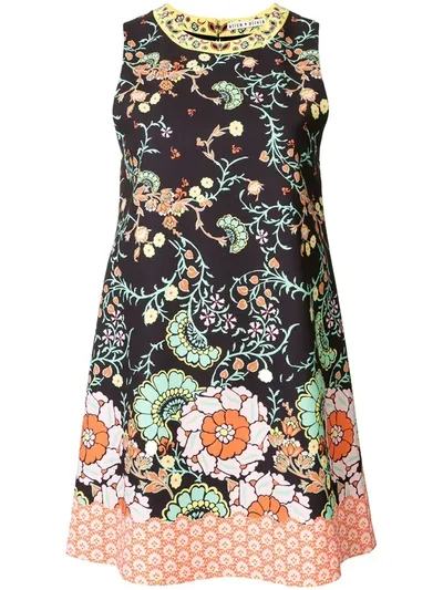 Alice And Olivia Keaton Crewneck Mixed Floral Minidress In Black